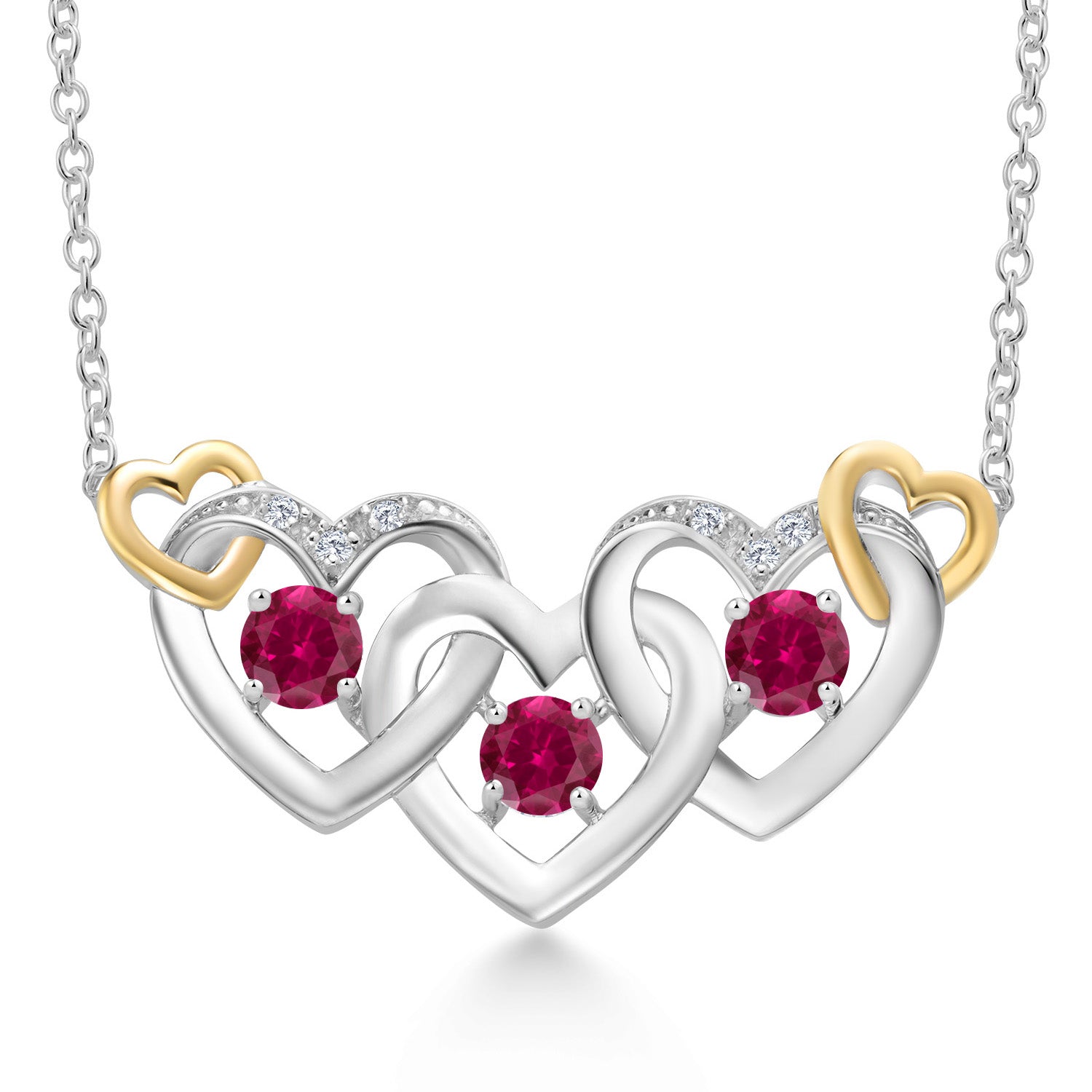 925 Silver and 10K Yellow Gold Red Created Ruby and White Lab Grown Diamond Heart Shape Pendant Necklace For Women (0.81 Cttw, with 18 Inch Chain)