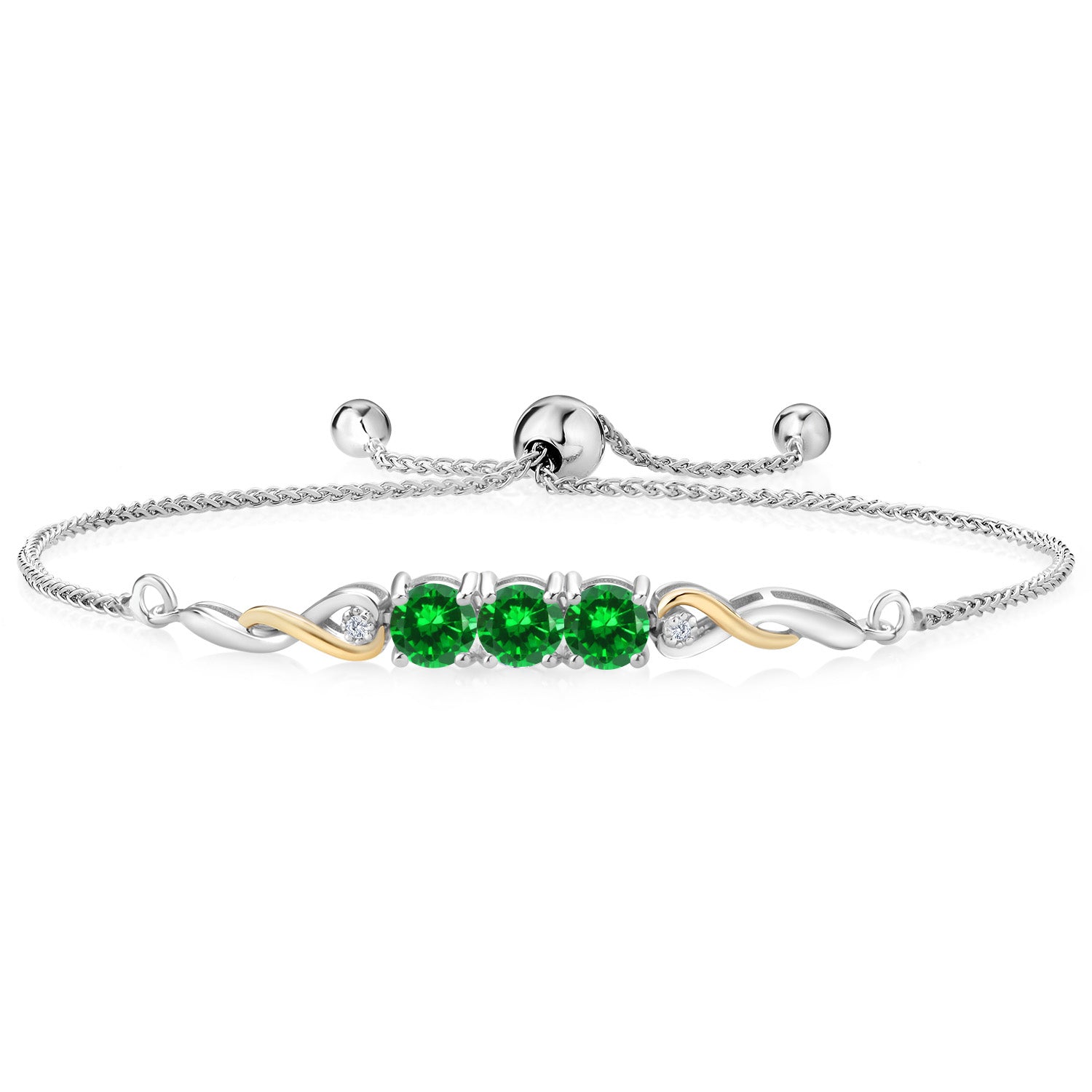 925 Sterling Silver and 10K Yellow Gold Green Created Emerald and White Lab Grown Diamond Tennis Bracelet For Women (2.54 Cttw, Gemstone May Birthstone, Fully Adjustable Up to 9 Inch)