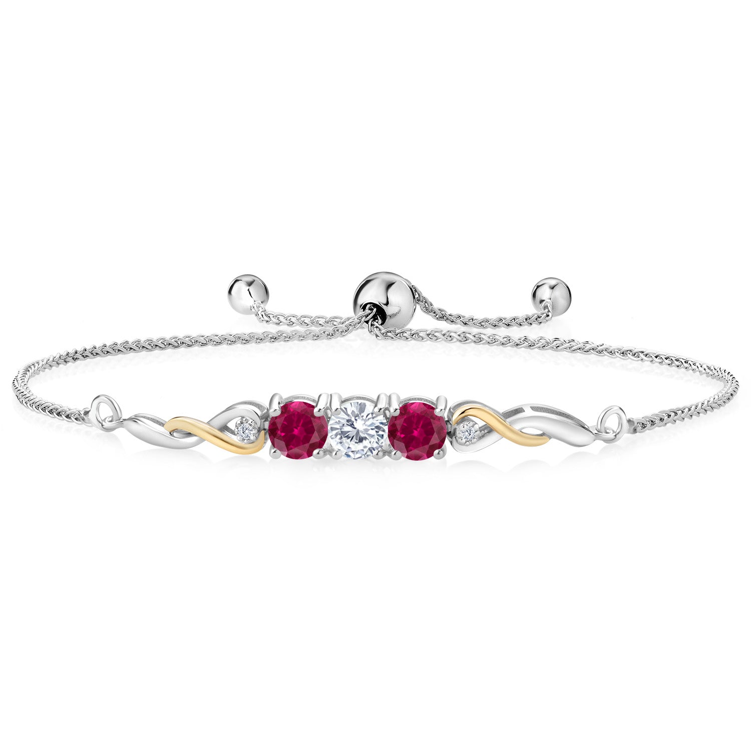 925 Sterling Silver and 10K Yellow Gold White Moissanite Red Created Ruby and White Lab Grown Diamond Tennis Bracelet For Women (2.52 Cttw, Gemstone Birthstone, Fully Adjustable Up to 9 Inch)