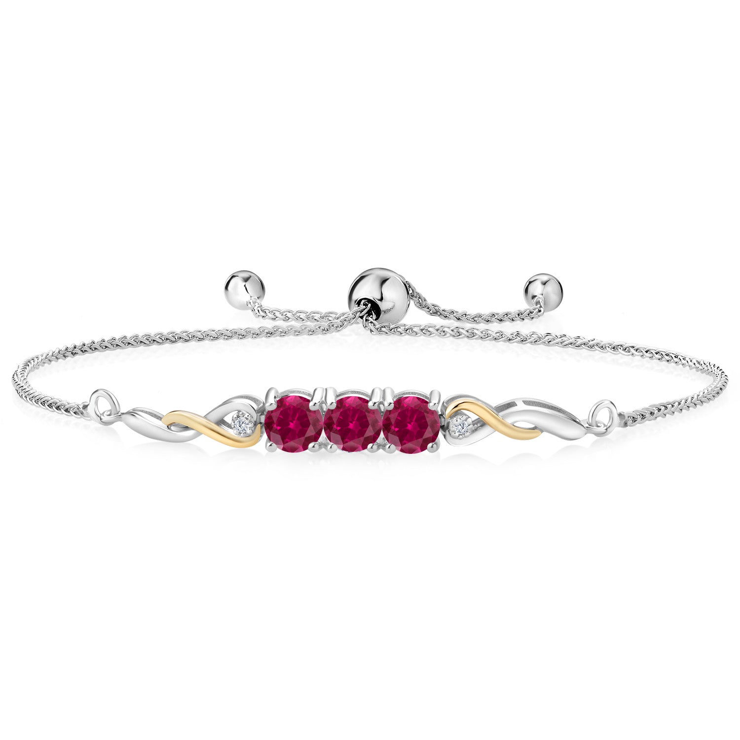 3.02 Cttw Red Created Ruby and White Lab Grown Diamond Tennis Bracelet For Women In 925 Sterling Silver and 10K Yellow Gold | Gemstone Birthstone | Fully Adjustable Up to 9 Inch