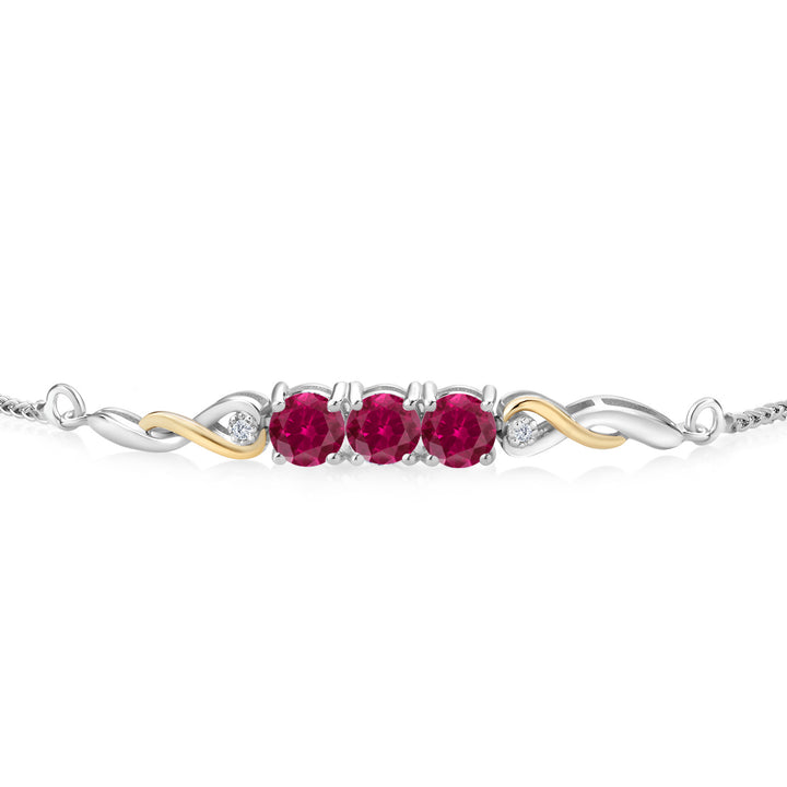 3.02 Cttw Red Created Ruby and White Lab Grown Diamond Tennis Bracelet For Women In 925 Sterling Silver and 10K Yellow Gold | Gemstone Birthstone | Fully Adjustable Up to 9 Inch