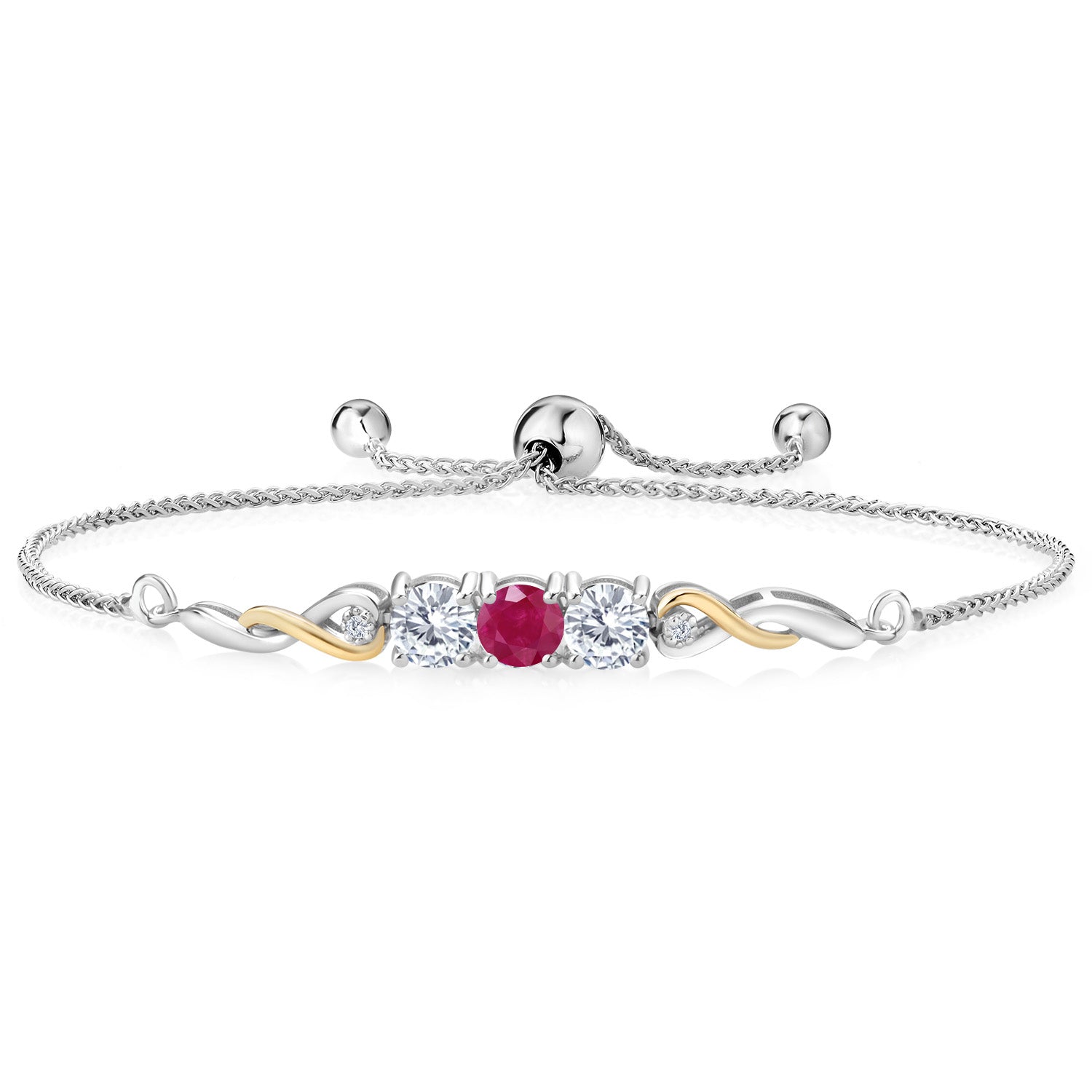 925 Sterling Silver and 10K Yellow Gold Red Ruby White Moissanite and White Lab Grown Diamond Tennis Bracelet For Women (1.57 Cttw, Gemstone July Birthstone, Fully Adjustable Up to 9 Inch)