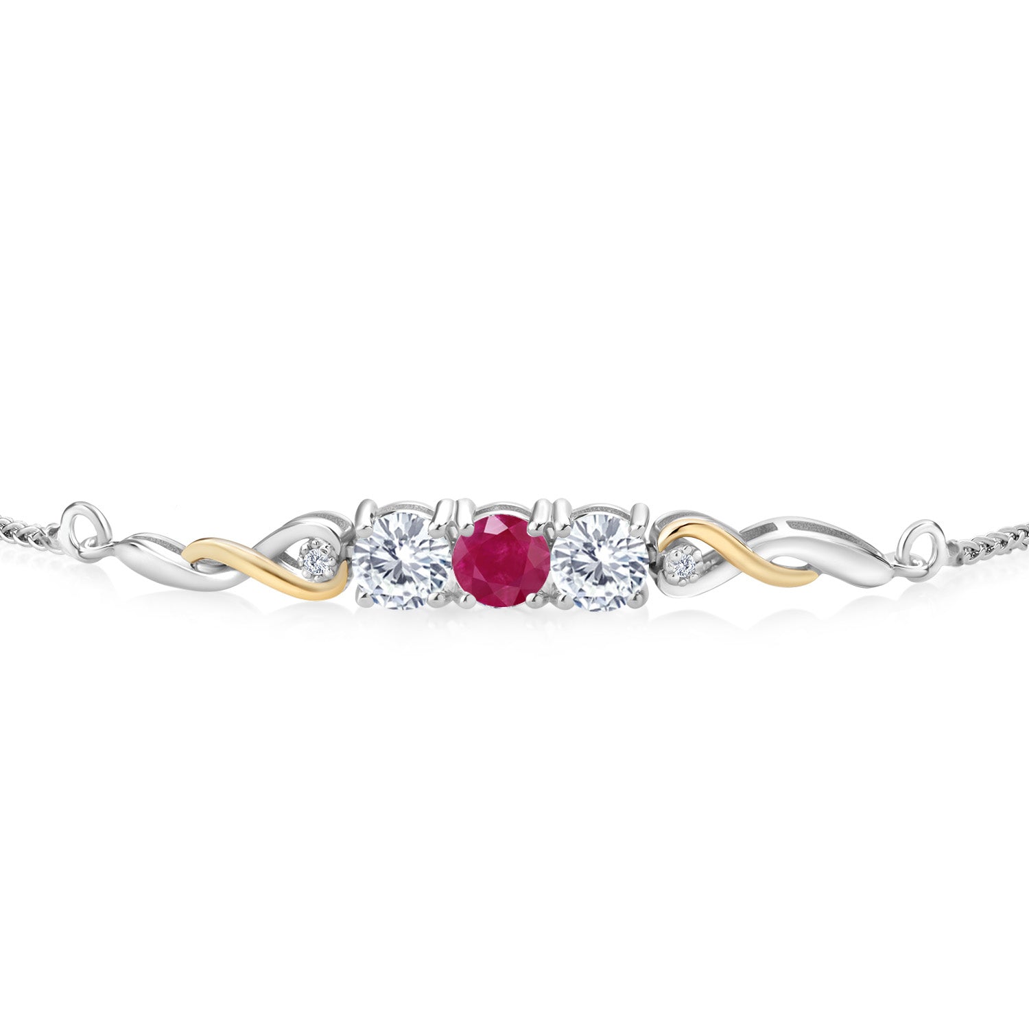 925 Sterling Silver and 10K Yellow Gold Red Ruby White Moissanite and White Lab Grown Diamond Tennis Bracelet For Women (1.57 Cttw, Gemstone July Birthstone, Fully Adjustable Up to 9 Inch)