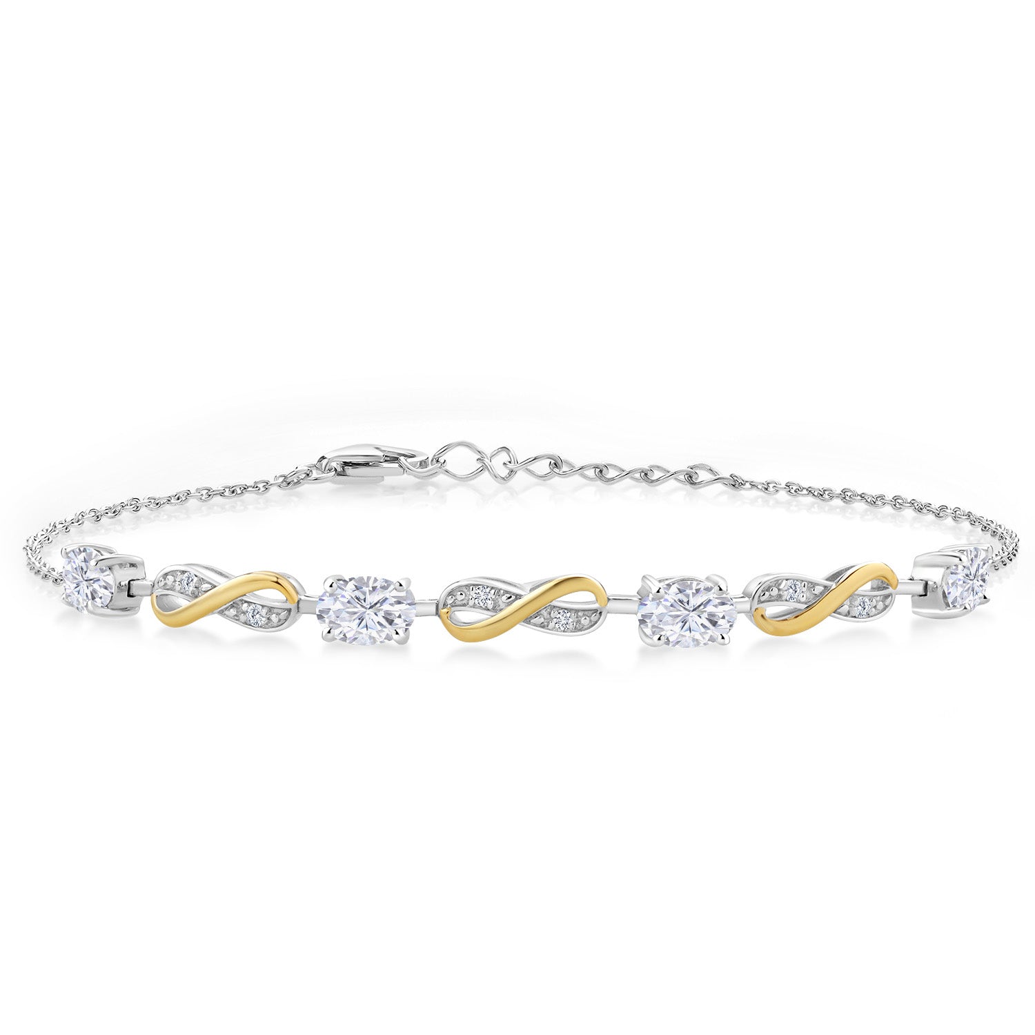 925 Silver and 10K Yellow Gold White Moissanite and White Lab Grown Diamond Infinity Bracelet For Women Mother's Mom Wife Her (2.05 Cttw, Fully Adjustable Up to 7.5 Inch)