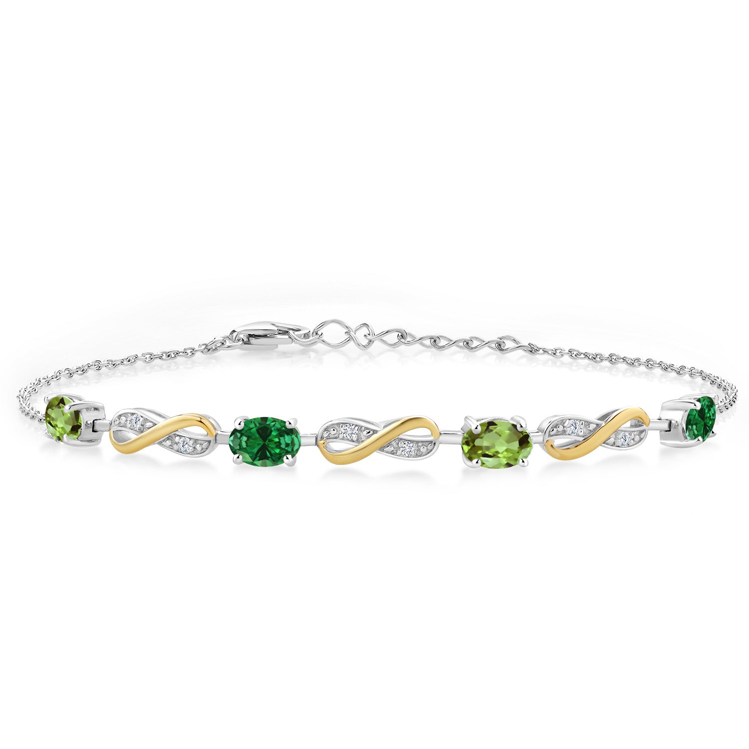 1.75 Cttw Green Peridot Green Created Emerald and Lab Grown Diamond 925 Silver and 10K Yellow Gold Infinity Bracelet For Women | Fully Adjustable Up to 7.5 Inch