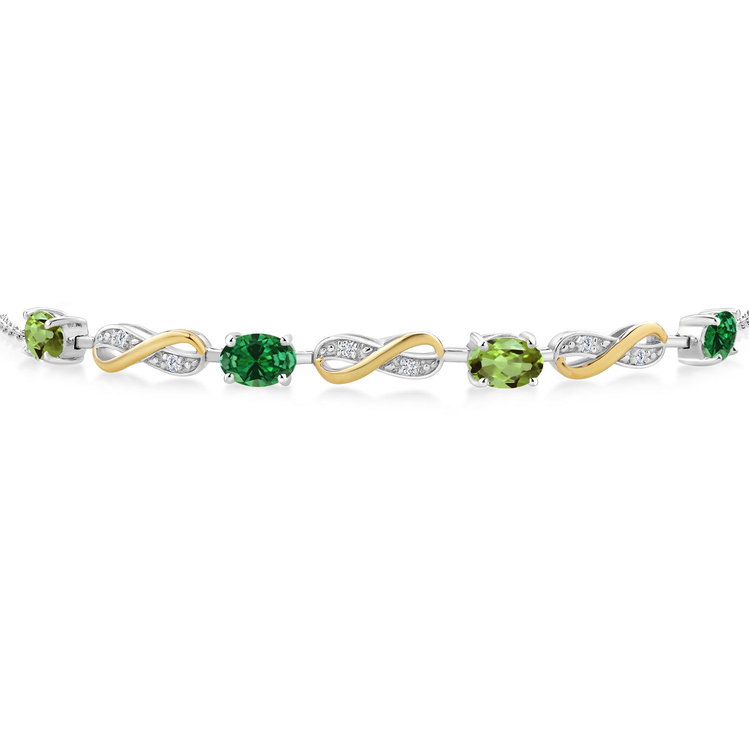 1.75 Cttw Green Peridot Green Created Emerald and Lab Grown Diamond 925 Silver and 10K Yellow Gold Infinity Bracelet For Women | Fully Adjustable Up to 7.5 Inch