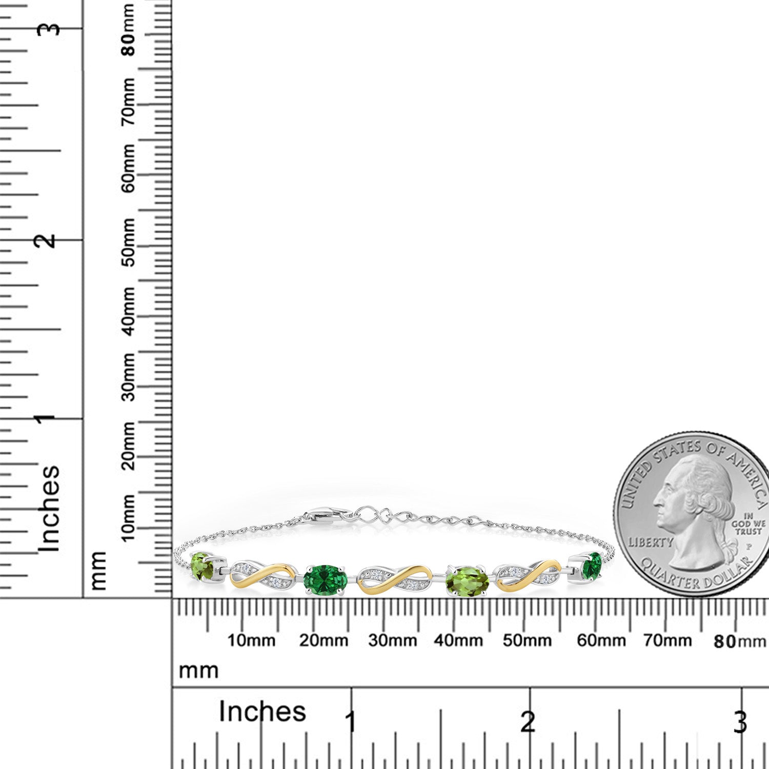 1.75 Cttw Green Peridot Green Created Emerald and Lab Grown Diamond 925 Silver and 10K Yellow Gold Infinity Bracelet For Women | Fully Adjustable Up to 7.5 Inch