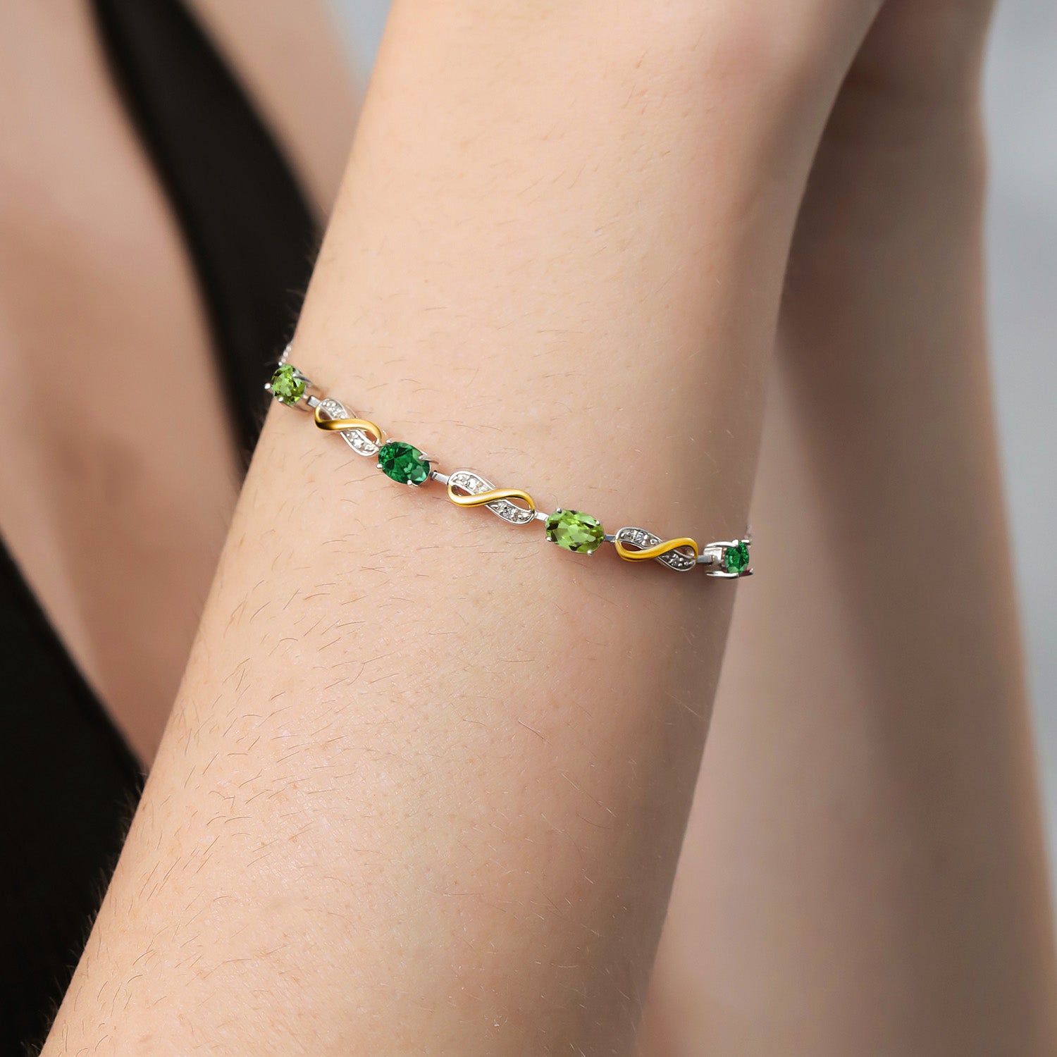 1.75 Cttw Green Peridot Green Created Emerald and Lab Grown Diamond 925 Silver and 10K Yellow Gold Infinity Bracelet For Women | Fully Adjustable Up to 7.5 Inch