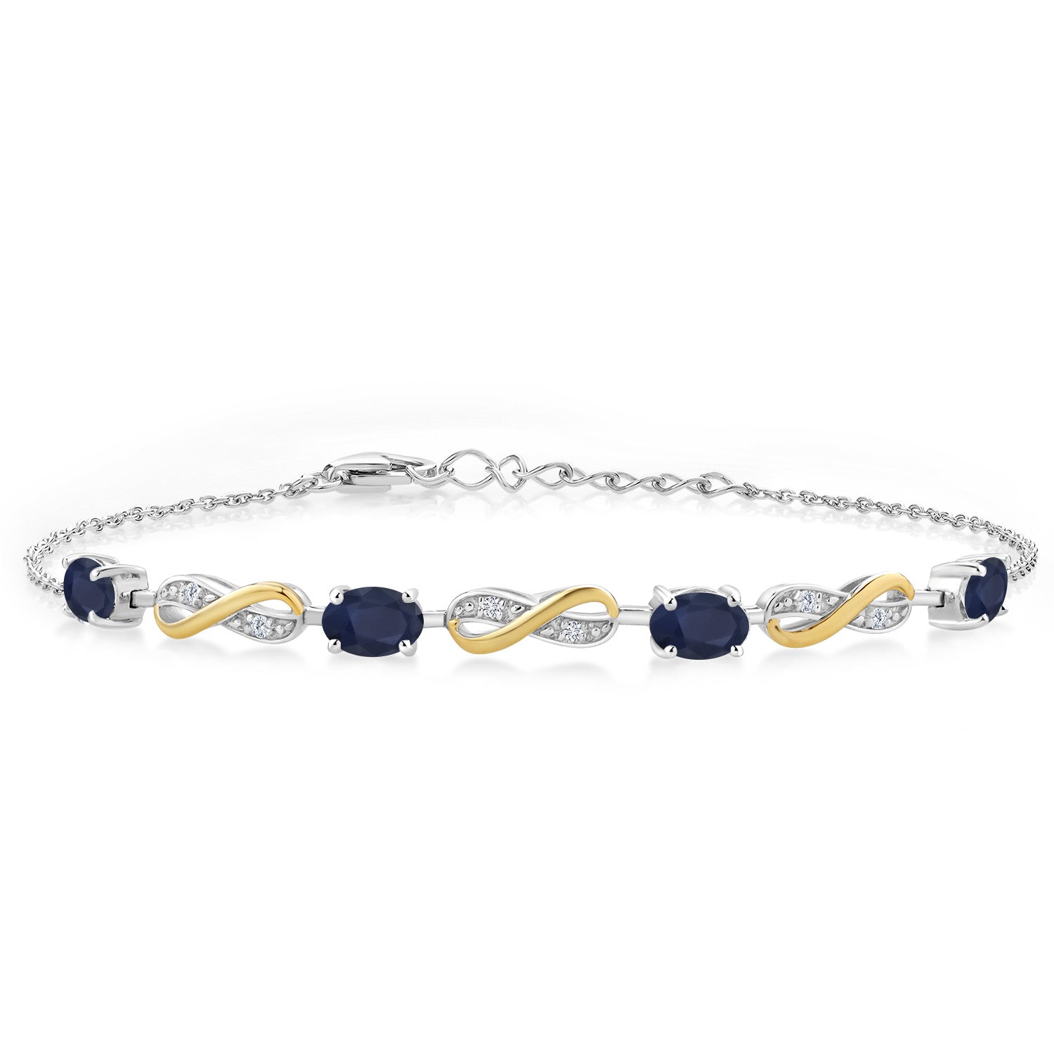 925 Sterling Silver and 10K Yellow Gold Oval Blue Sapphire and White Lab Grown Diamond Infinity Tennis Bracelet For Women (2.27 Cttw , Fully Adjustable Up to 7.5 Inch)