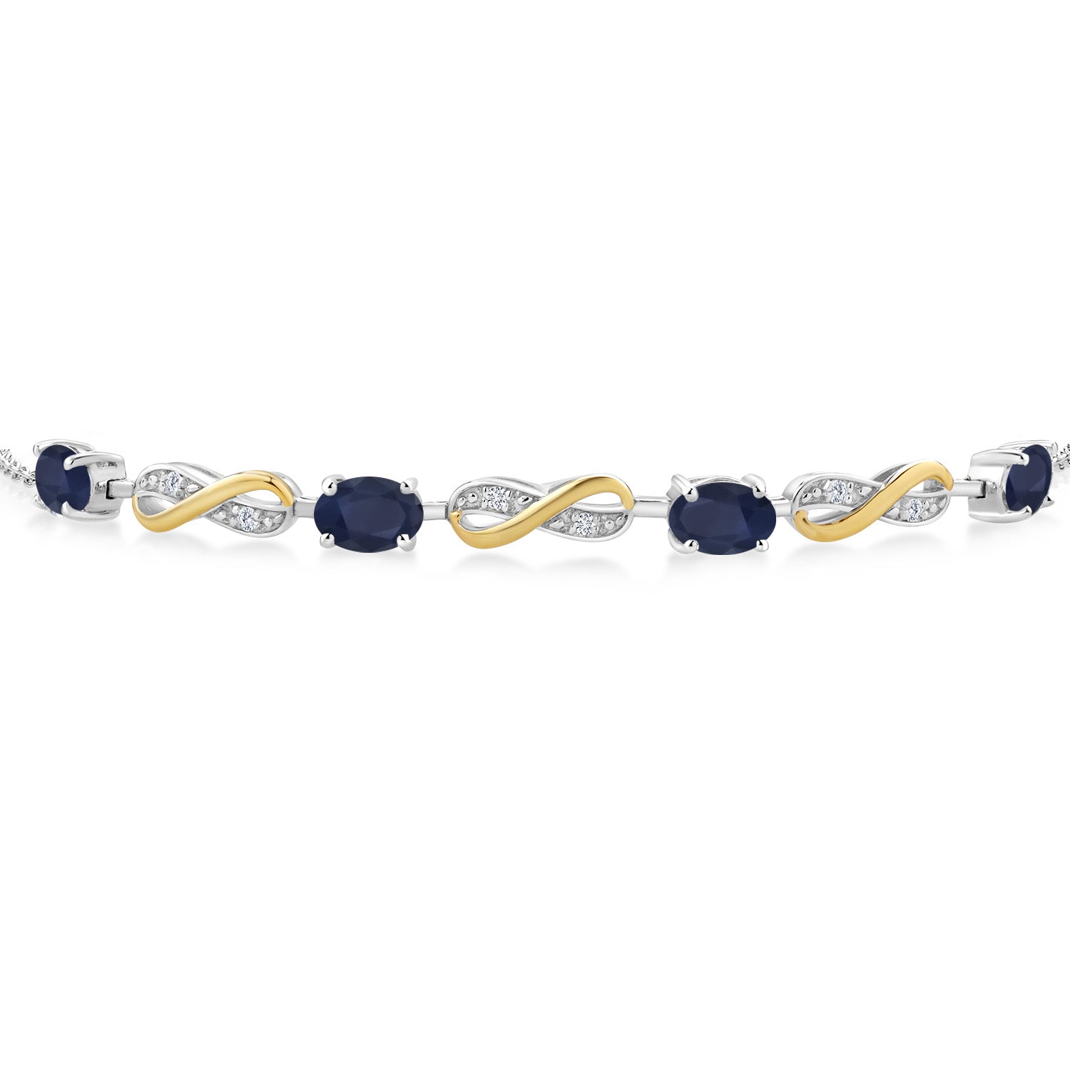 925 Sterling Silver and 10K Yellow Gold Oval Blue Sapphire and White Lab Grown Diamond Infinity Tennis Bracelet For Women (2.27 Cttw , Fully Adjustable Up to 7.5 Inch)