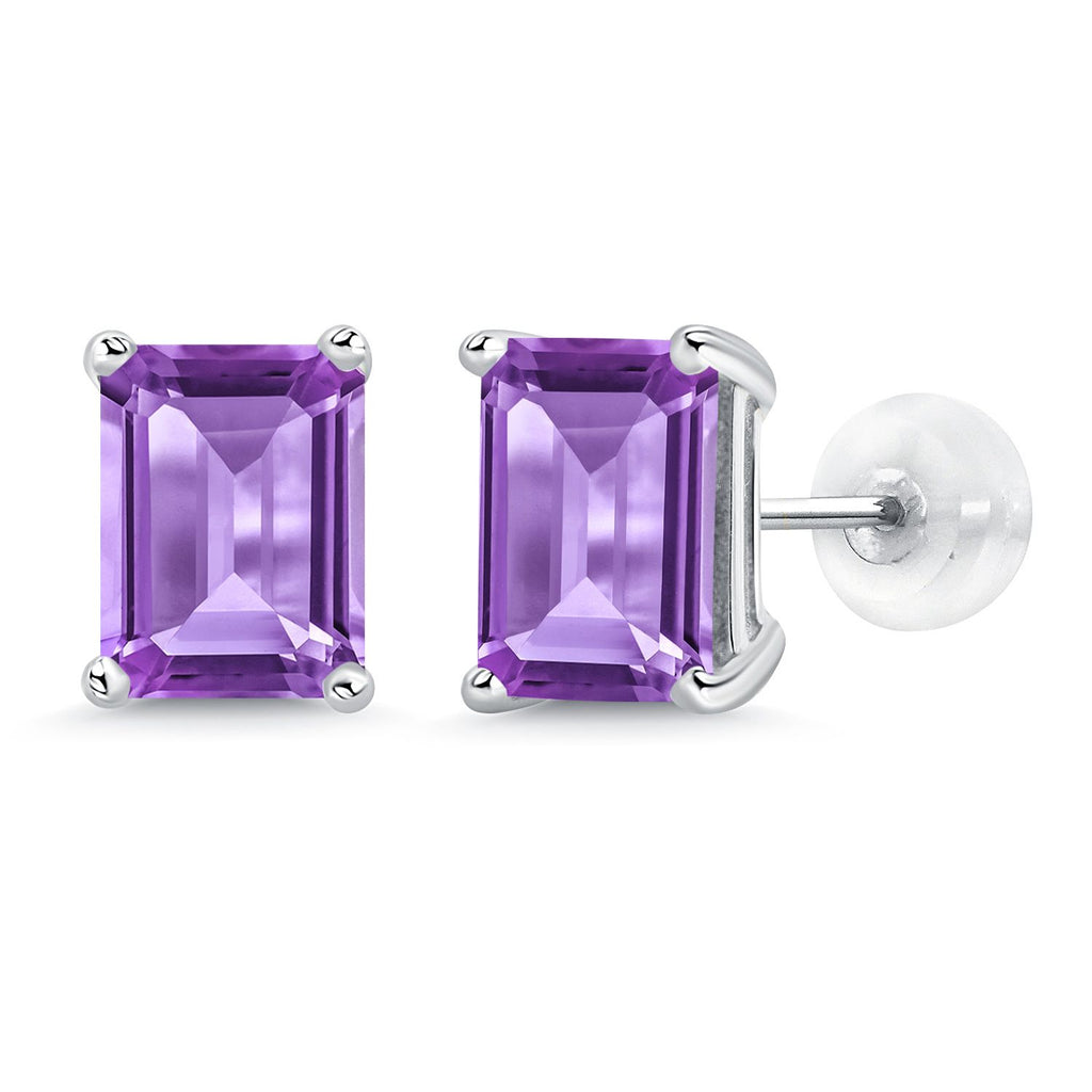 Gem Stone King 14K White Gold Gemstone Birthstone Stud Earrings | Emerald Cut 8X6MM | White Gold Earrings For Women Men