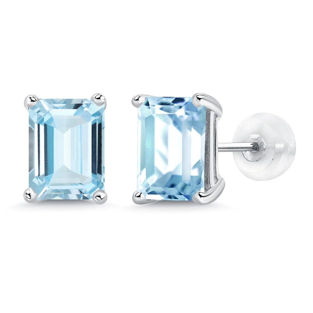Gem Stone King 14K White Gold Gemstone Birthstone Stud Earrings | Emerald Cut 8X6MM | White Gold Earrings For Women Men
