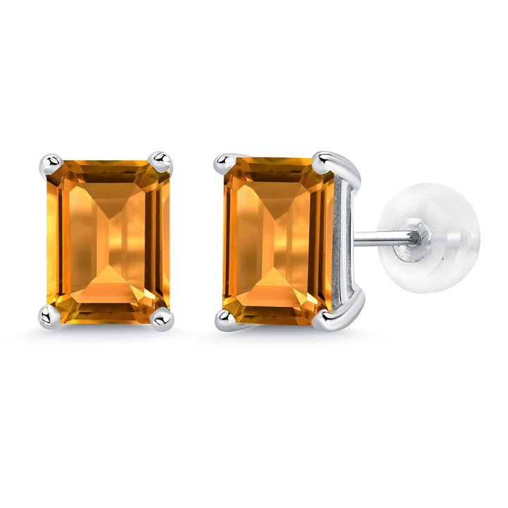 Gem Stone King 14K White Gold Gemstone Birthstone Stud Earrings | Emerald Cut 8X6MM | White Gold Earrings For Women Men