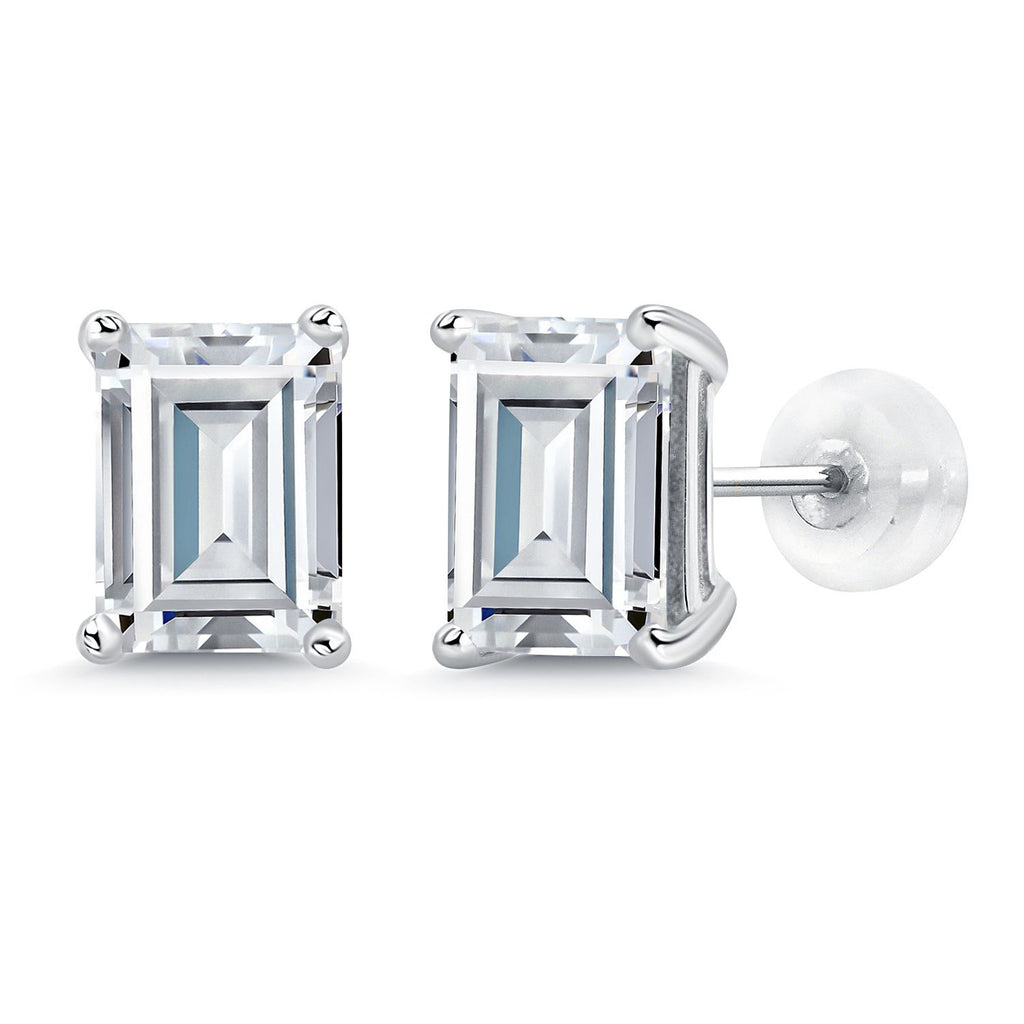 Gem Stone King 14K White Gold Gemstone Birthstone Stud Earrings | Emerald Cut 8X6MM | White Gold Earrings For Women Men
