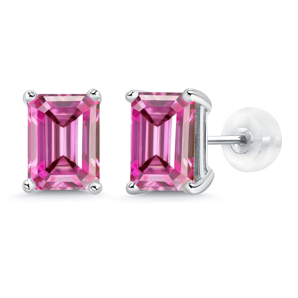 Gem Stone King 14K White Gold Gemstone Birthstone Stud Earrings | Emerald Cut 8X6MM | White Gold Earrings For Women Men