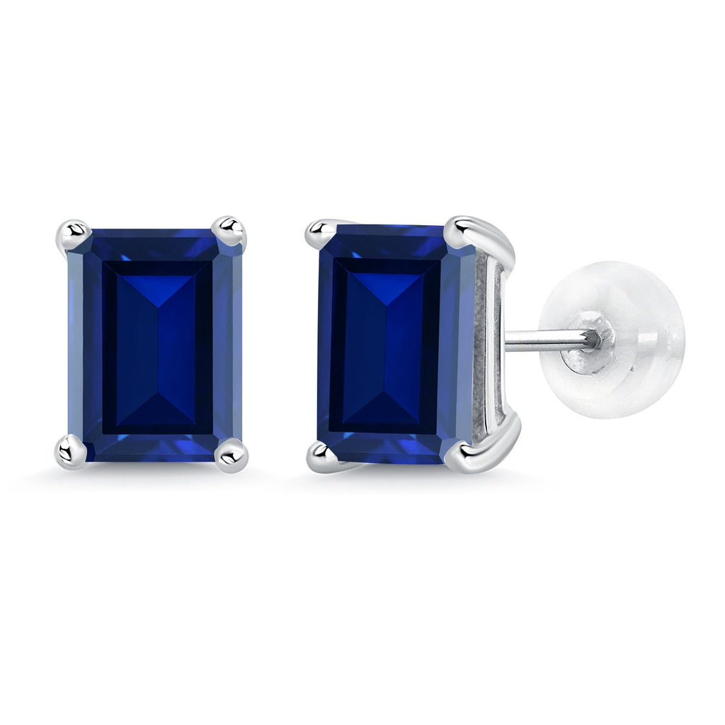 Gem Stone King 14K White Gold Gemstone Birthstone Stud Earrings | Emerald Cut 8X6MM | White Gold Earrings For Women Men