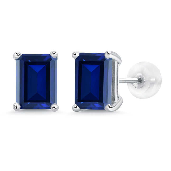 Gem Stone King 14K White Gold Gemstone Birthstone Stud Earrings | Emerald Cut 8X6MM | White Gold Earrings For Women Men