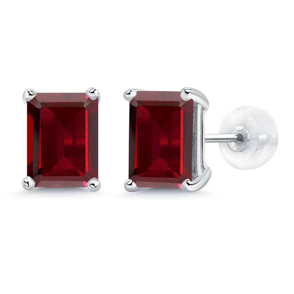 Gem Stone King 14K White Gold Gemstone Birthstone Stud Earrings | Emerald Cut 8X6MM | White Gold Earrings For Women Men