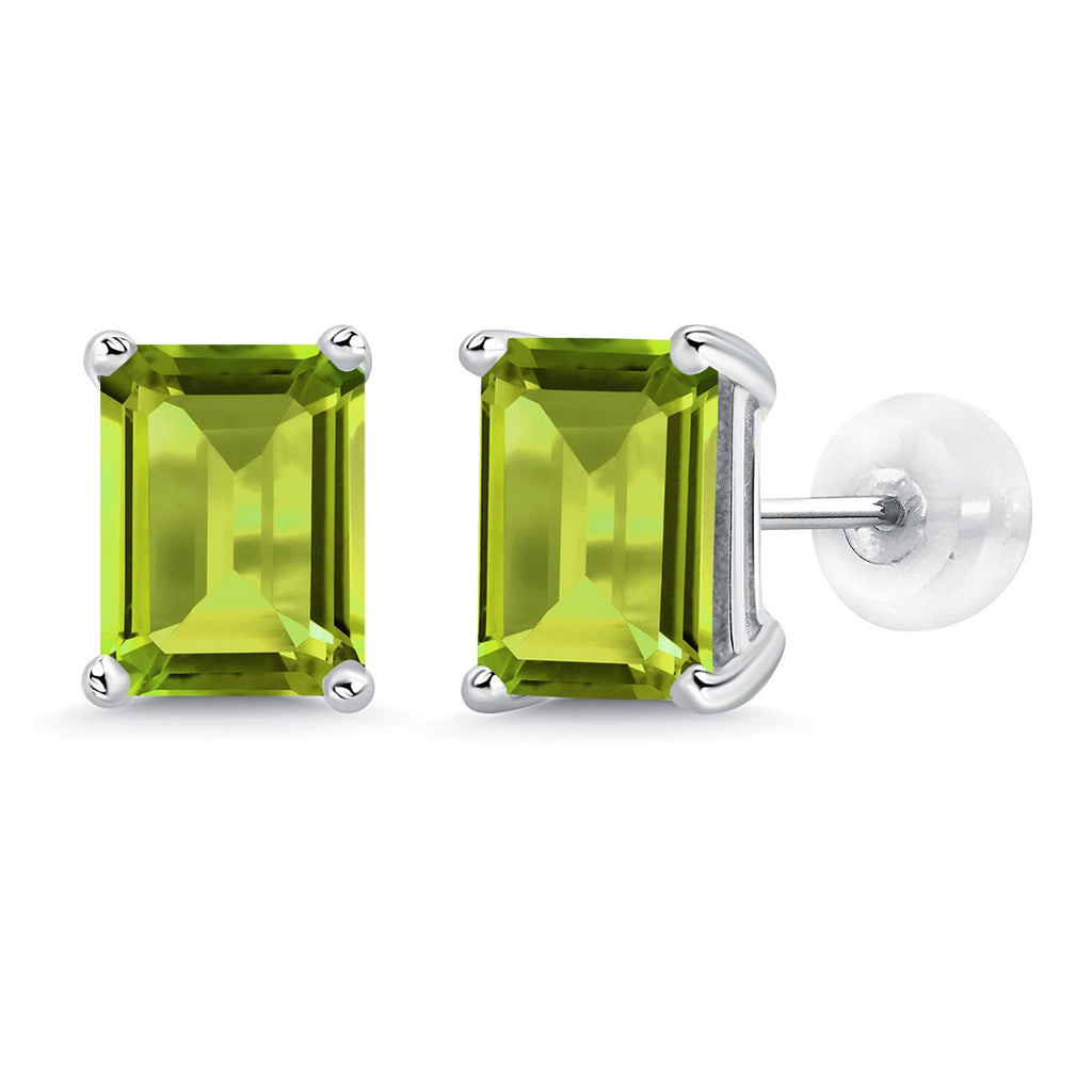 Gem Stone King 14K White Gold Gemstone Birthstone Stud Earrings | Emerald Cut 8X6MM | White Gold Earrings For Women Men