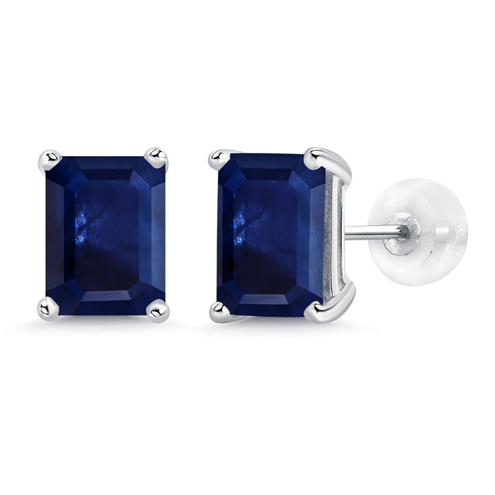 Gem Stone King 14K White Gold Gemstone Birthstone Stud Earrings | Emerald Cut 8X6MM | White Gold Earrings For Women Men