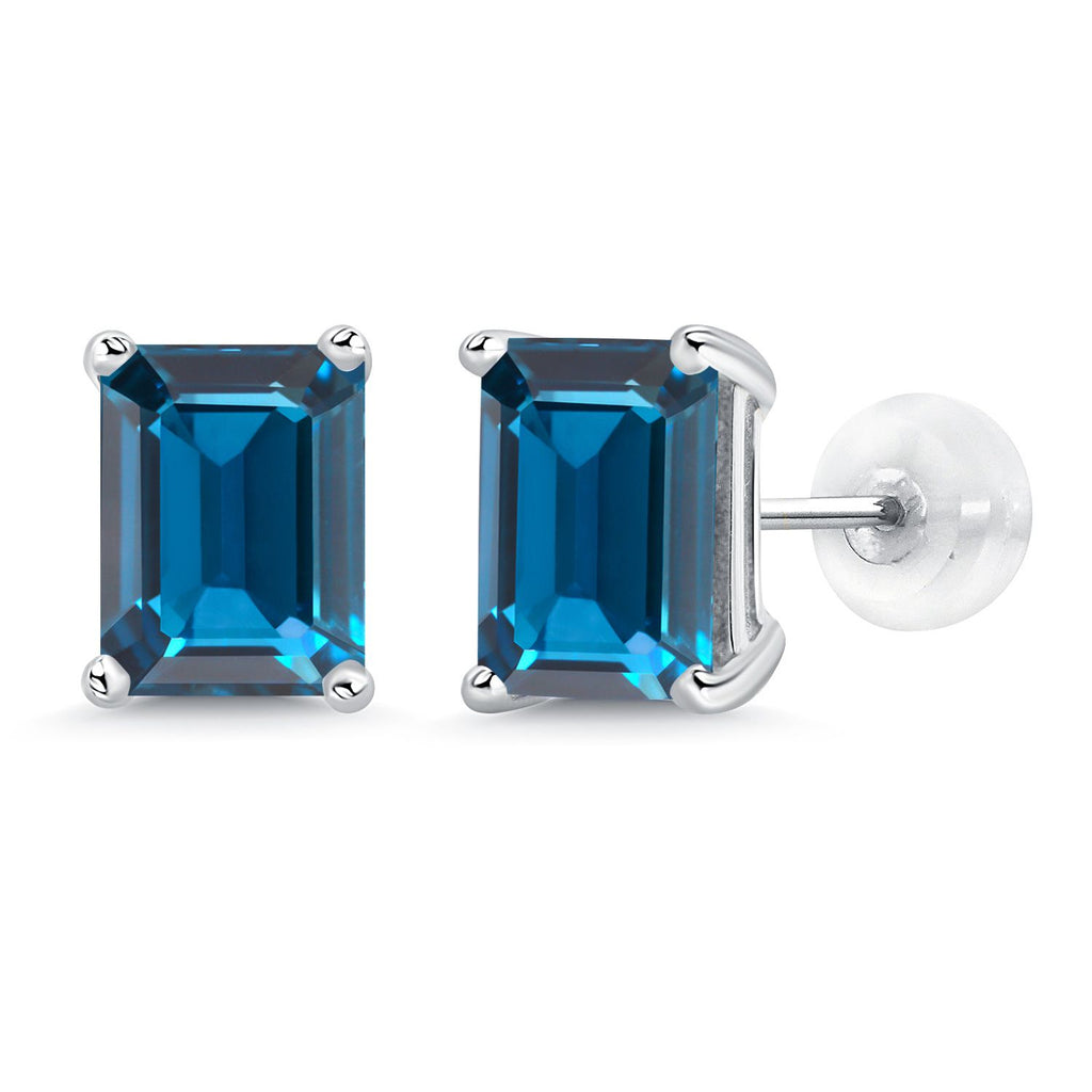 Gem Stone King 14K White Gold Gemstone Birthstone Stud Earrings | Emerald Cut 8X6MM | White Gold Earrings For Women Men
