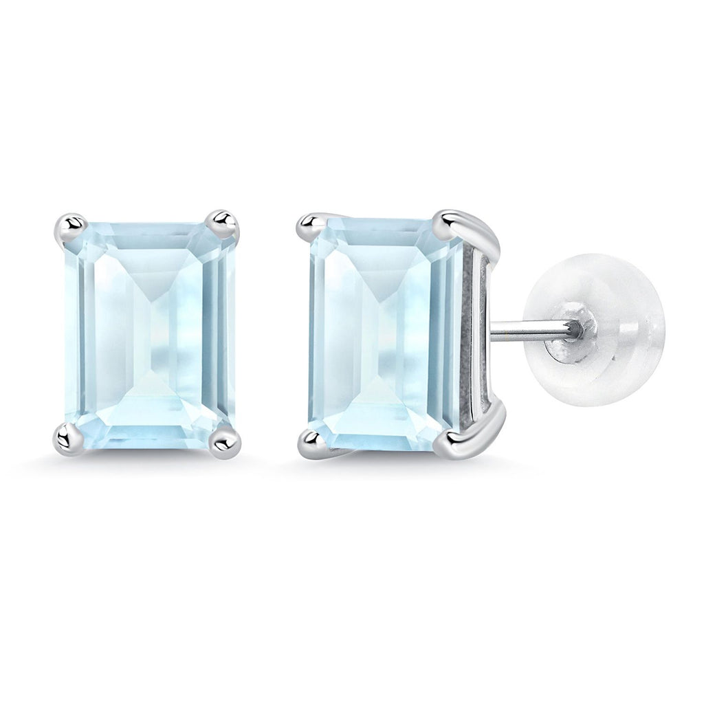 Gem Stone King 14K White Gold Gemstone Birthstone Stud Earrings | Emerald Cut 8X6MM | White Gold Earrings For Women Men
