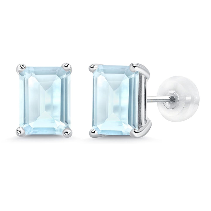 Gem Stone King 14K White Gold Gemstone Birthstone Stud Earrings | Emerald Cut 8X6MM | White Gold Earrings For Women Men