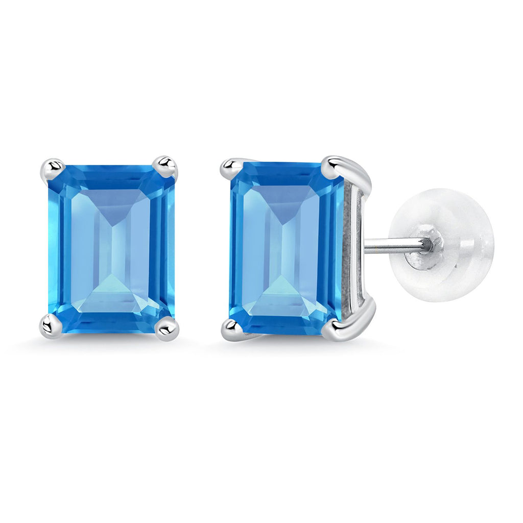 Gem Stone King 14K White Gold Gemstone Birthstone Stud Earrings | Emerald Cut 8X6MM | White Gold Earrings For Women Men