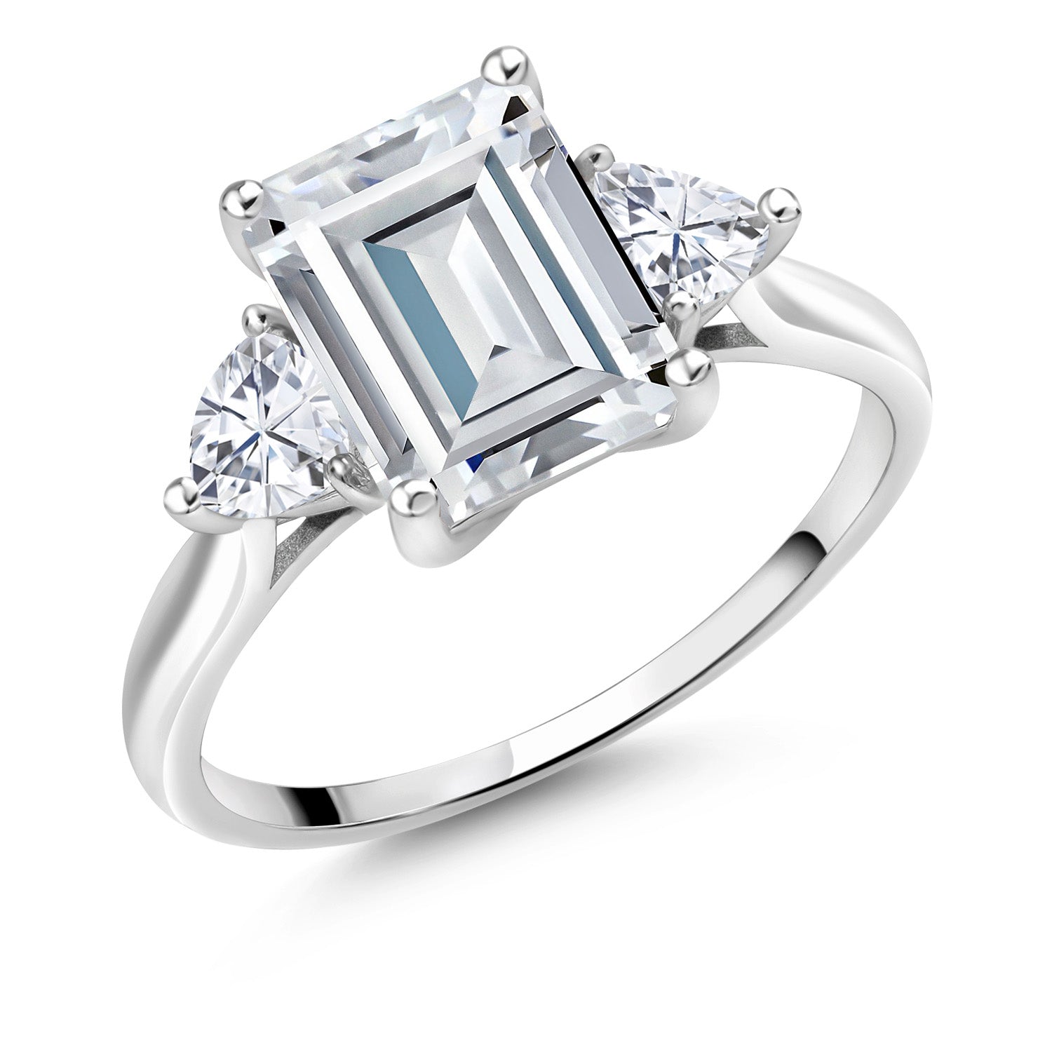 10K White Gold Moissanite Ring | 2.98 Cttw | Emerald Cut 9X7MM | Trillion 4MM | Three Stone Wedding Engagement Anniversary Promise 3-Stone White Gold Ring For Women