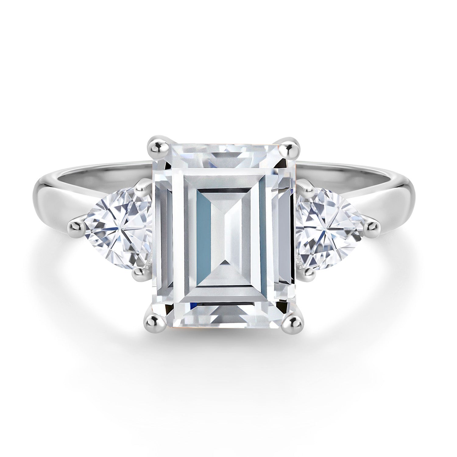 10K White Gold Moissanite Ring | 2.98 Cttw | Emerald Cut 9X7MM | Trillion 4MM | Three Stone Wedding Engagement Anniversary Promise 3-Stone White Gold Ring For Women