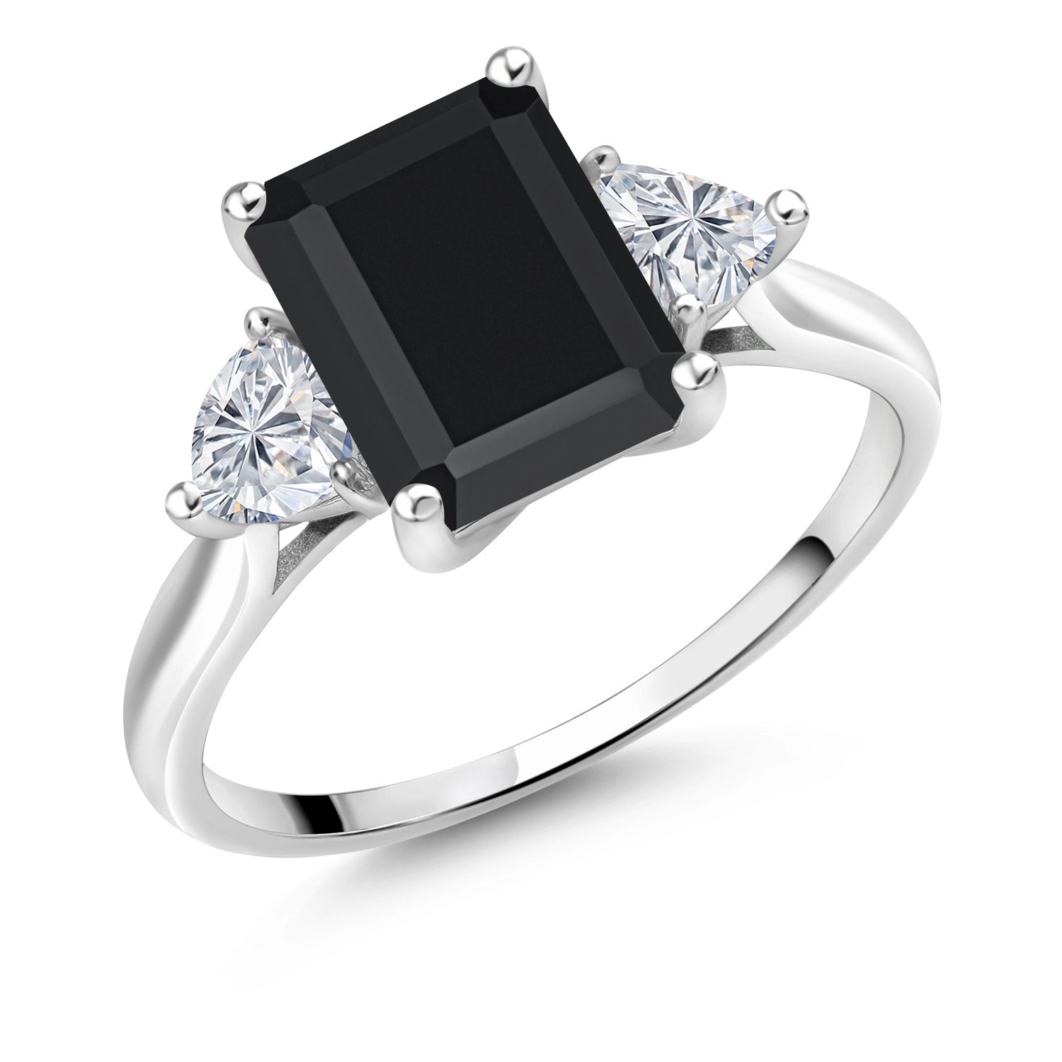 10K White Gold Black Onyx and Lab Grown Diamond Engagement Ring For Women | 2.54 Cttw | Emerald Cut 9X7MM and Trillion 4MM | Gemstone Birthstone | Available in Size 5,6,7,8,9