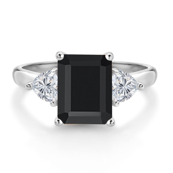 10K White Gold Black Onyx and Lab Grown Diamond Engagement Ring For Women | 2.54 Cttw | Emerald Cut 9X7MM and Trillion 4MM | Gemstone Birthstone | Available in Size 5,6,7,8,9