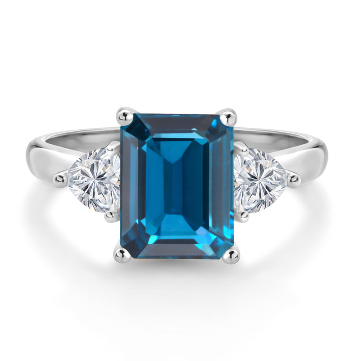 10K White Gold London Blue Topaz and Lab Grown Diamond Engagement Ring For Women | 3.15 Cttw | Emerald Cut 9X7MM | Gemstone November Birthstone | Available in Size 5,6,7,8,9