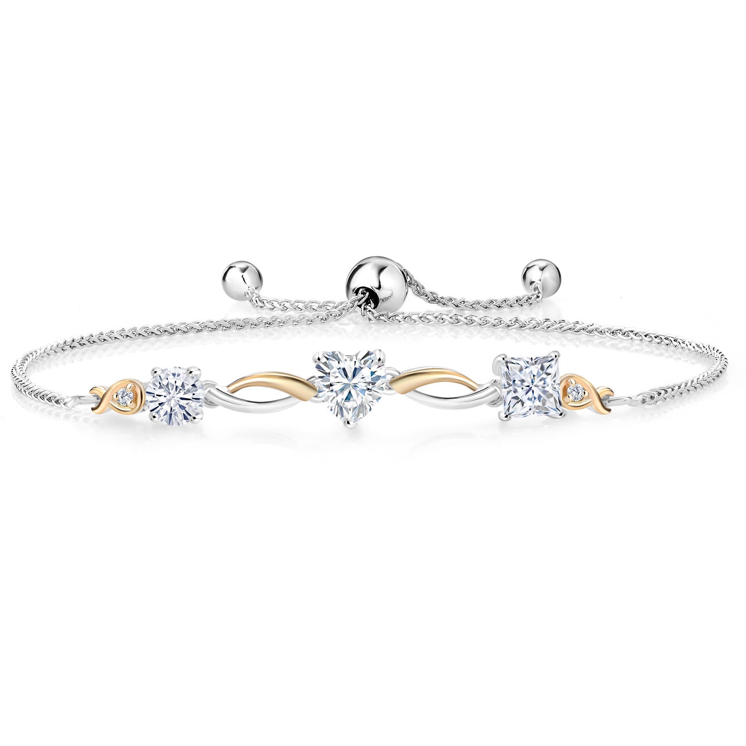 925 Silver and 10K Yellow Gold Princess Round and Heart White Moissanite and White Lab Grown Diamond Tennis Bracelet For Women By Keren Hanan (1.72 Cttw, Fully Adjustable Up to 9 Inch)