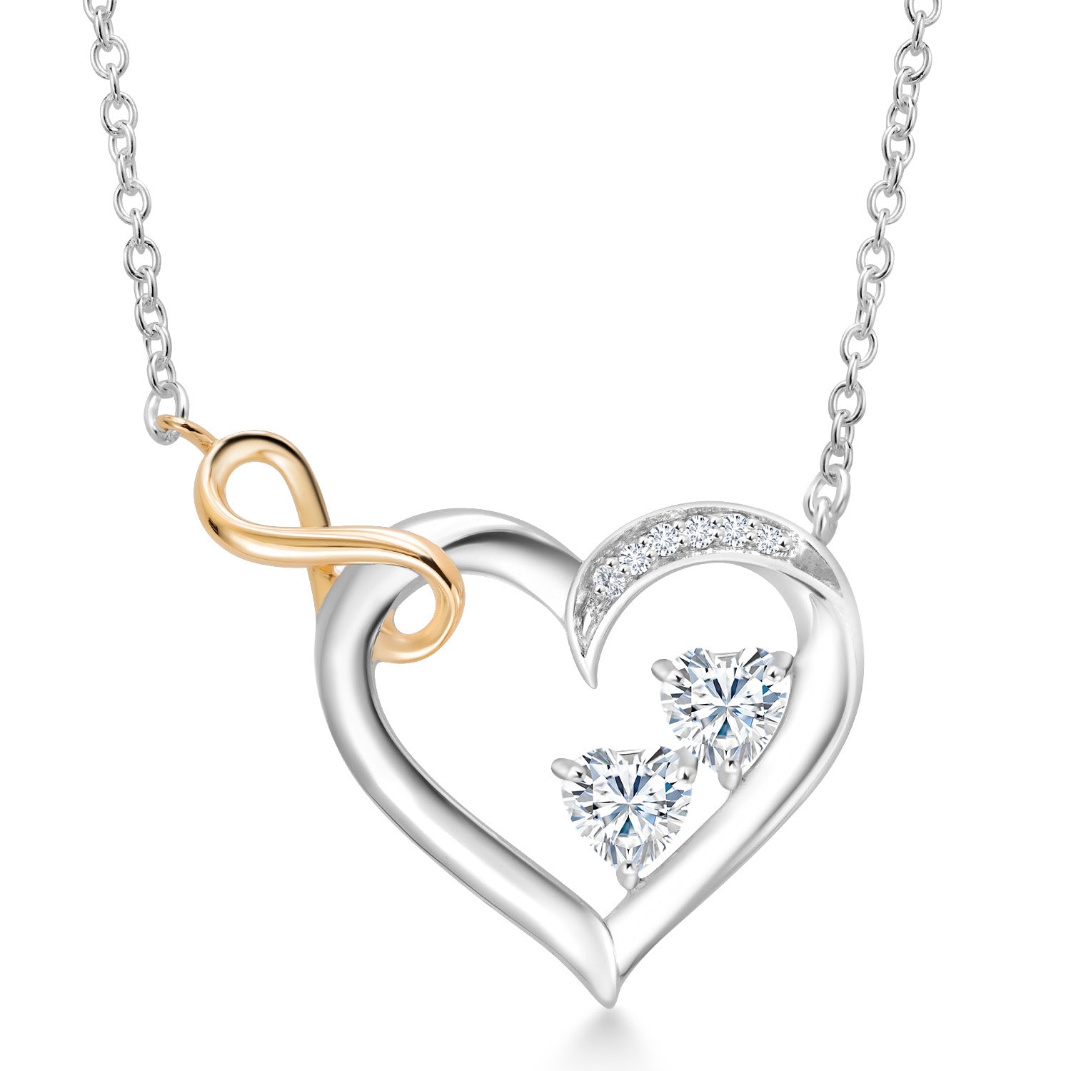 925 Sterling Silver and 10K Yellow Gold White Moissanite and White Lab Grown Diamond Infinity Heart Pendant Necklace For Women (0.49 Cttw, Heart Shape 4MM, with 18 Inch Chain)