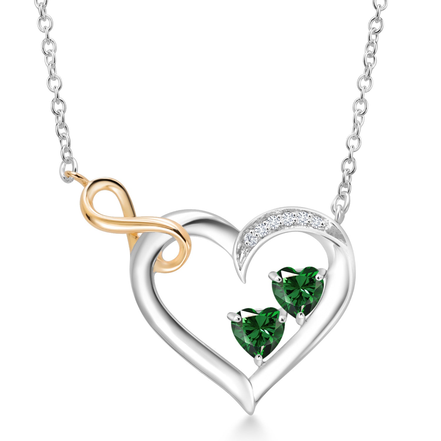 925 Sterling Silver and 10K Yellow Gold Green Nano Emerald and White Lab Grown Diamond Infinity Heart Pendant Necklace For Women (0.83 Cttw, Heart Shape 4MM, with 18 Inch Chain)