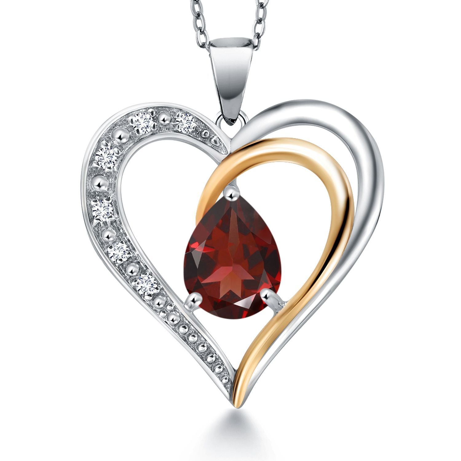 925 Sterling Silver and 10K Yellow Gold 8X6MM Pear Shaped Gemstone Birthstone & Lab Grown Diamond Heart Necklace | Love Pendant Necklace for Women By Keren Hanan