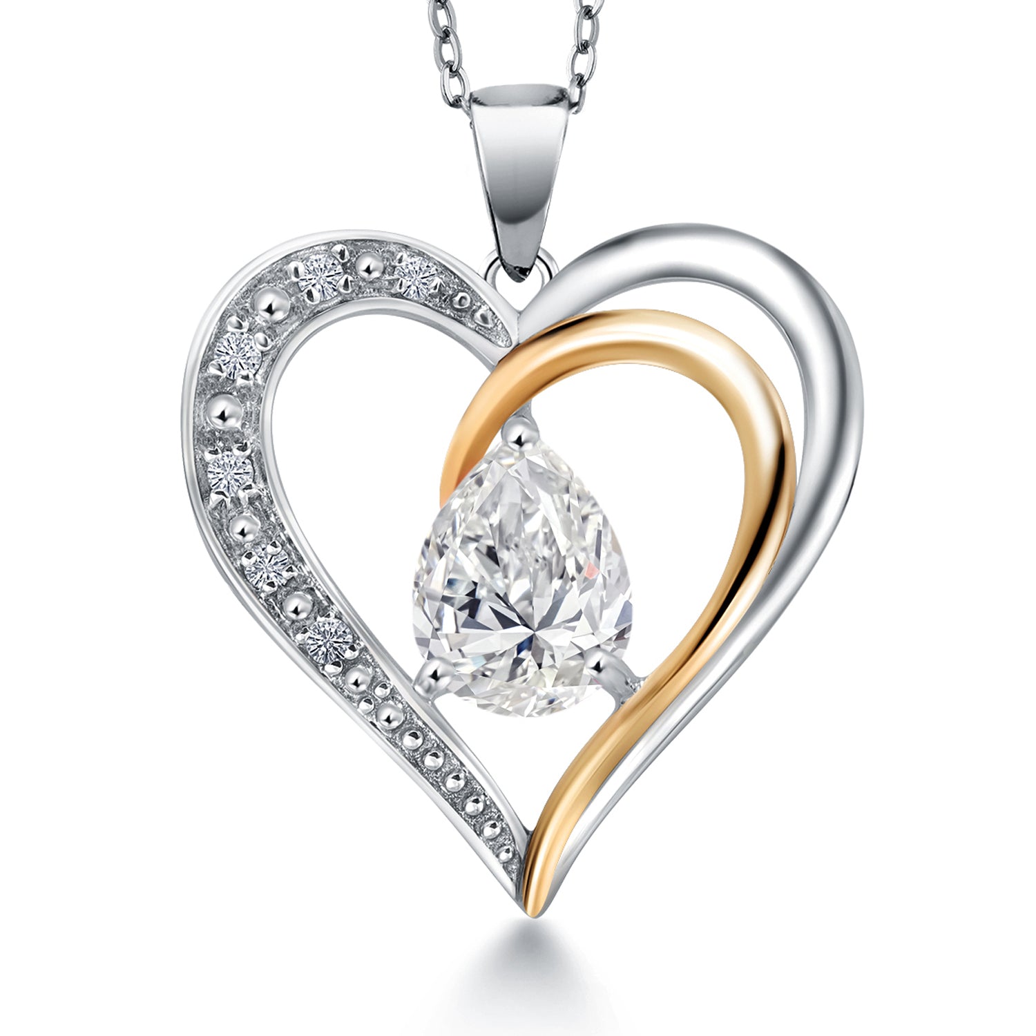 925 Silver & 10K Yellow Gold IGI Certified Lab Grown Diamond Heart Shape Pendant Necklace For Women By Keren Hanan | 1.06 Cttw | Center Pear Shape Diamond 1 Ct | F-G Color VS1 Clarity | 18 Inch Chain