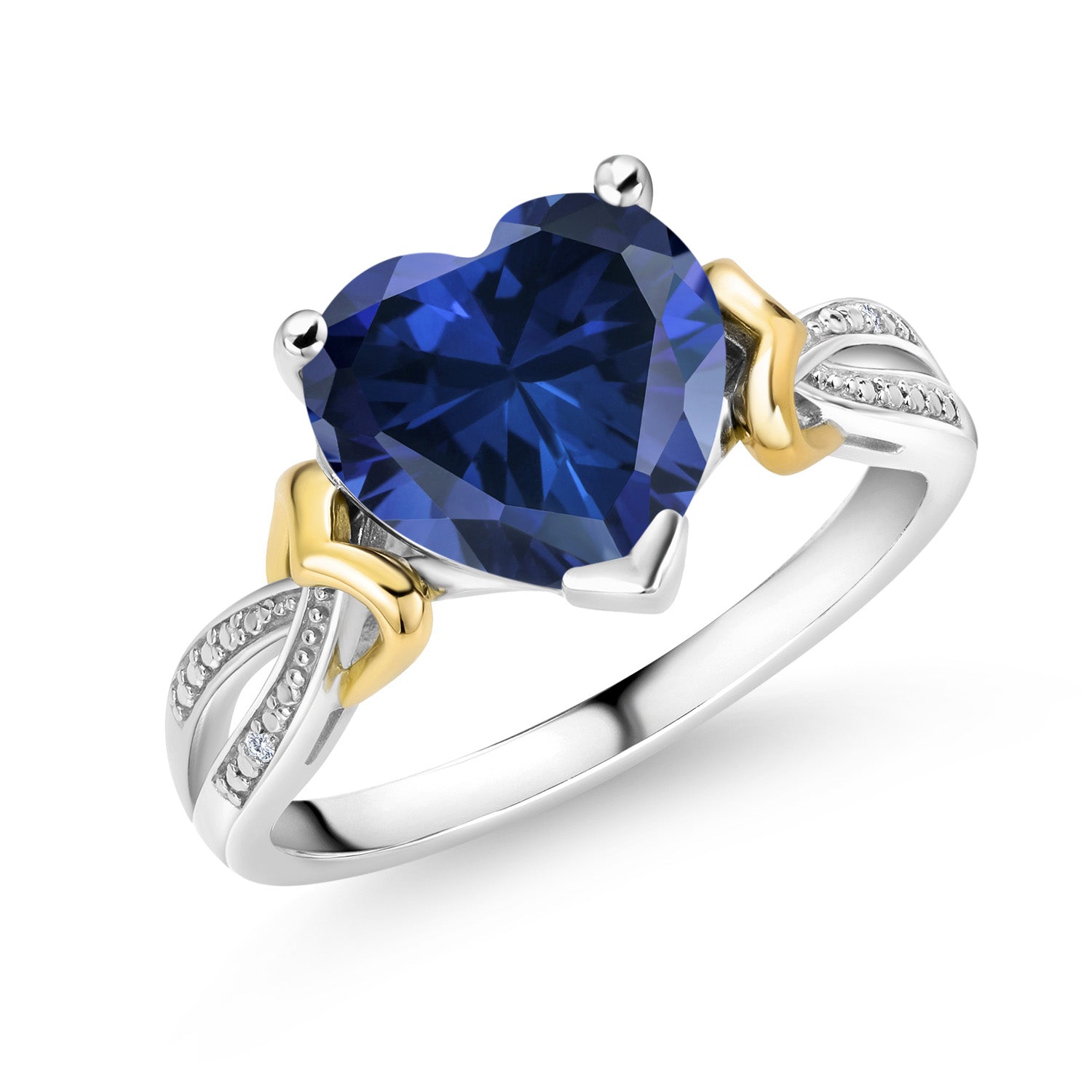 4.11 Cttw Blue Simulated Sapphire and White Lab Grown Diamond 925 Silver and 10K Yellow Gold Engagement Ring | 10MM Heart Shape Ring For Women | Available In Size 5, 6, 7, 8, 9