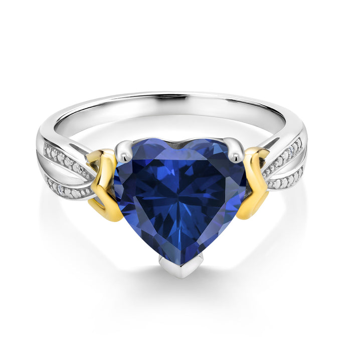 4.11 Cttw Blue Simulated Sapphire and White Lab Grown Diamond 925 Silver and 10K Yellow Gold Engagement Ring | 10MM Heart Shape Ring For Women | Available In Size 5, 6, 7, 8, 9