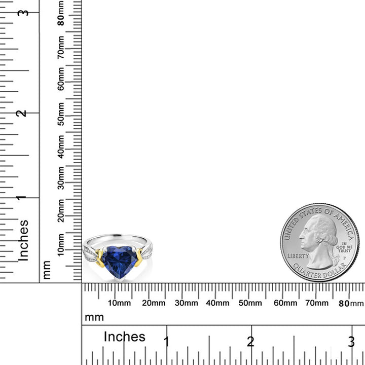 4.11 Cttw Blue Simulated Sapphire and White Lab Grown Diamond 925 Silver and 10K Yellow Gold Engagement Ring | 10MM Heart Shape Ring For Women | Available In Size 5, 6, 7, 8, 9