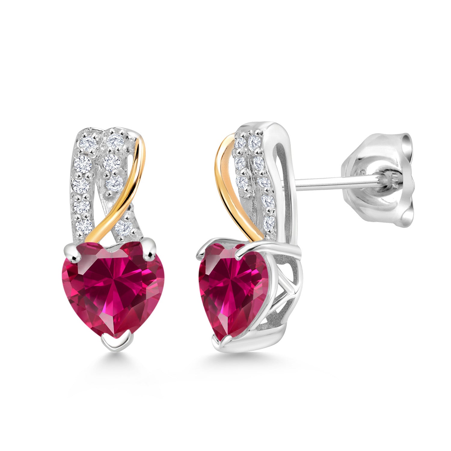 925 Sterling Silver and 10K Yellow Gold Red Created Ruby and White Lab Grown Diamond Heart Shape Earrings For Women (2.01 Cttw, Gemstone July Birthstone, Heart Shape 6MM)