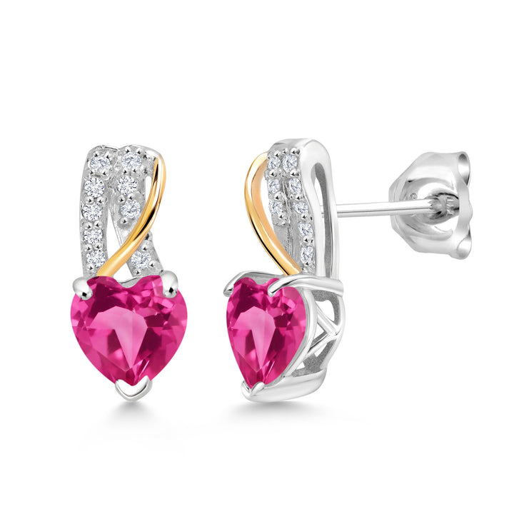 Pink Created Sapphire - September_Earrings in 925 Sterling Silver and 10K Yellow Gold