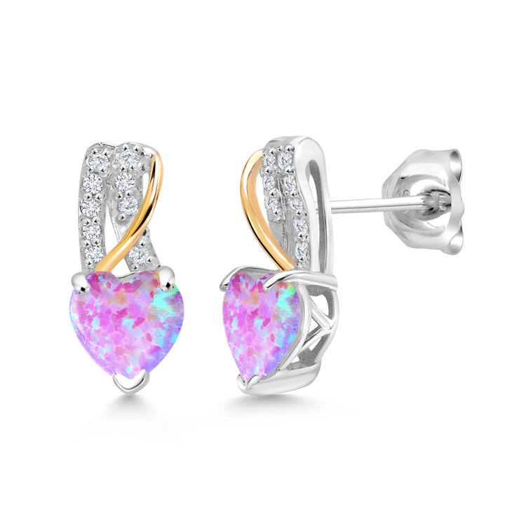 Pink Simulated Opal - October_Earrings in 925 Sterling Silver and 10K Yellow Gold