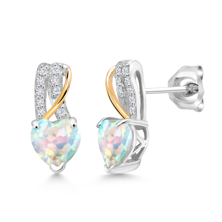White Simulated Opal - October_Earrings in 925 Sterling Silver and 10K Yellow Gold