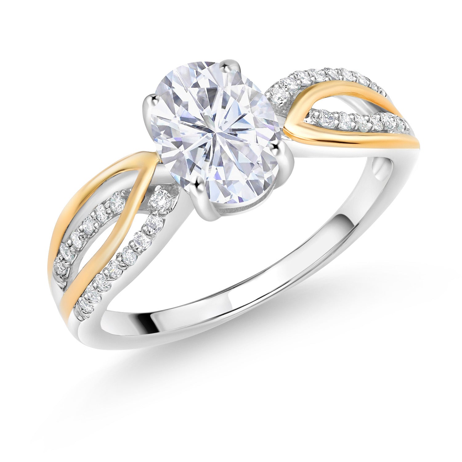 White Moissanite - April_5_Ring in 925 Sterling Silver and 10K Yellow Gold