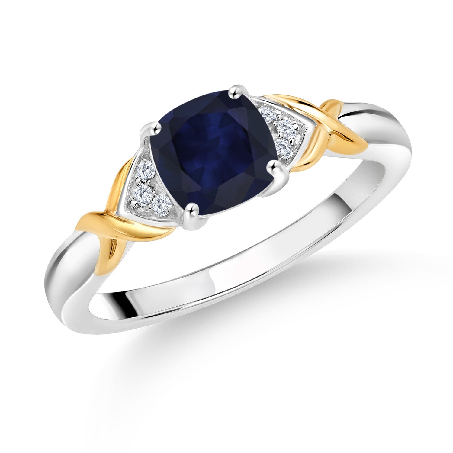 925 Sterling Silver and 10K Yellow Gold 2 Tone Blue Sapphire and White Lab Grown Diamond Engagement Ring For Women (1.33 Cttw, Cushion 6MM, Available In Size 5, 6, 7, 8, 9)