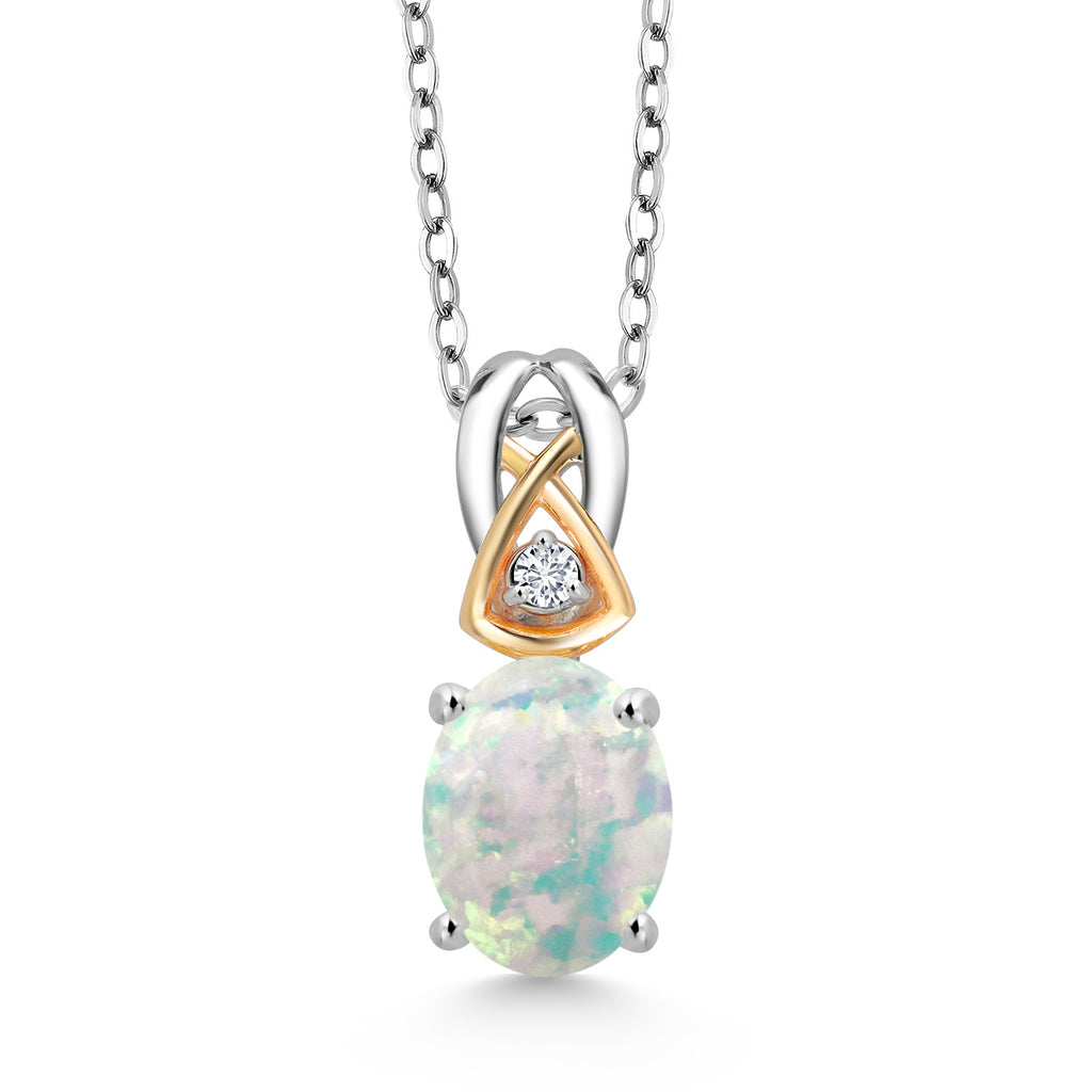 White Simulated Opal-Cabochon - October_Pendant in 925 Sterling Silver and 10K Yellow Gold