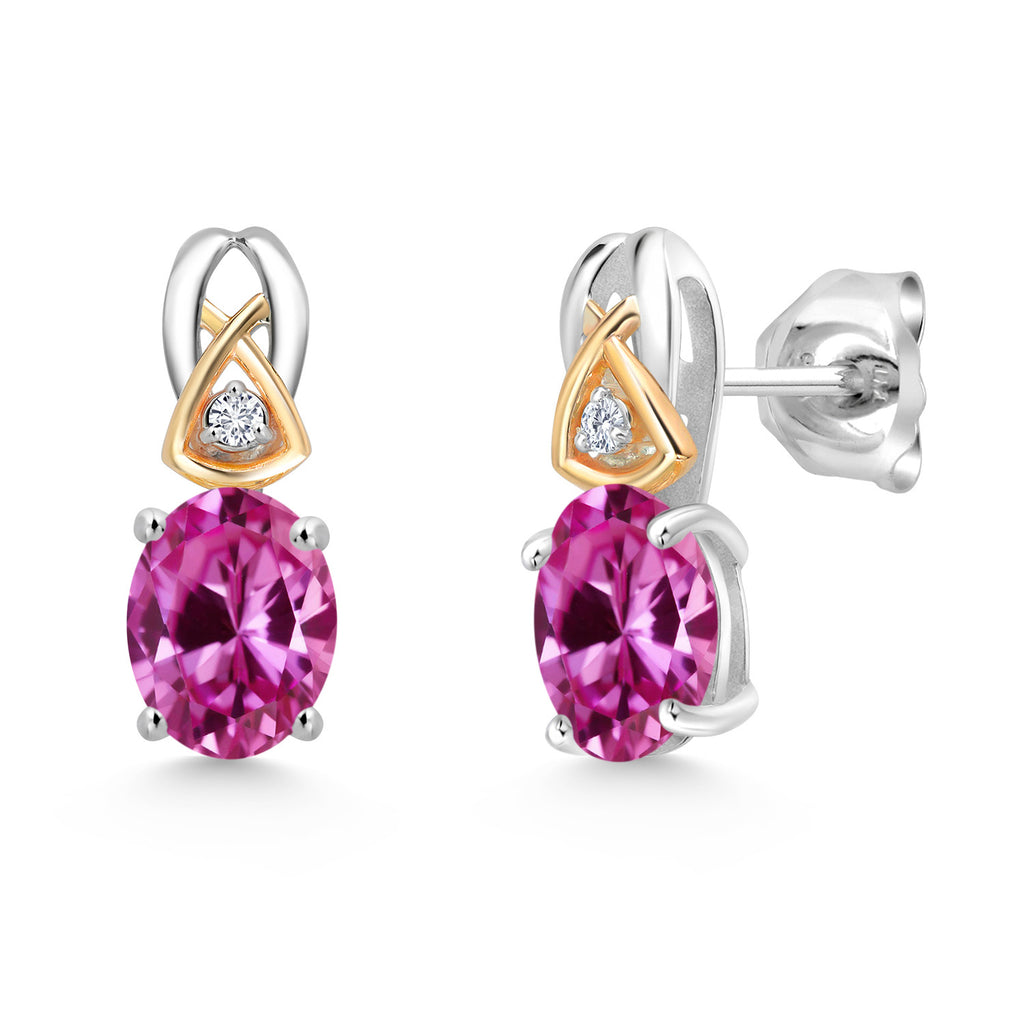 Pink Created Sapphire - September_Earrings in 925 Sterling Silver and 10K Yellow Gold