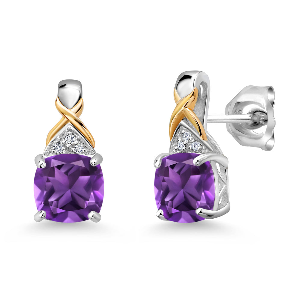 Gem Stone King Two-Tone Gemstone Birthstone Drop Earrings for Women | 925 Silver and 10K Yellow Gold | 6MM Cushion with Lab Grown Diamond Accents | Fine Jewelry Gifts